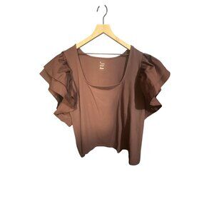 Ruffled Sleeve Square Neck Top By A New Day 4X Brown Cotton & Polyester Blend NW